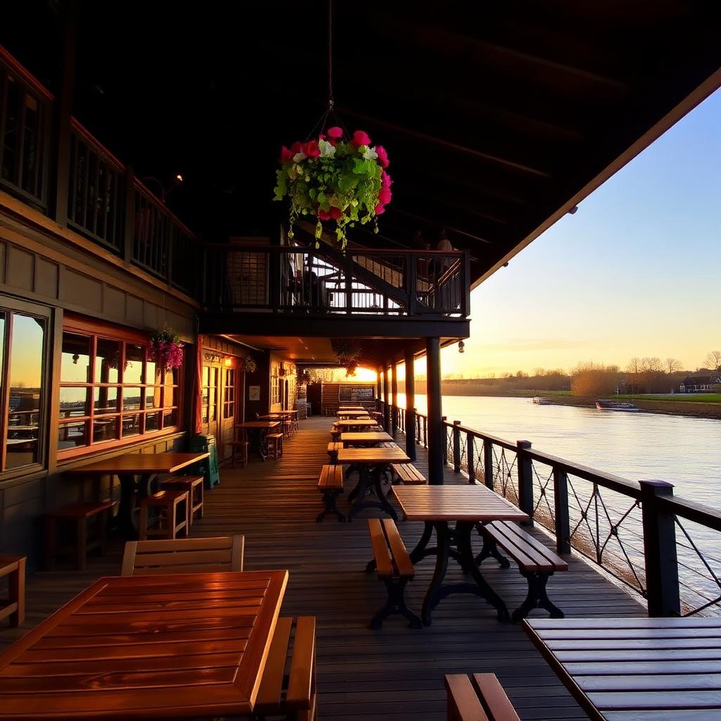 Riverside deck at sunset with wooden tables and hanging flowers