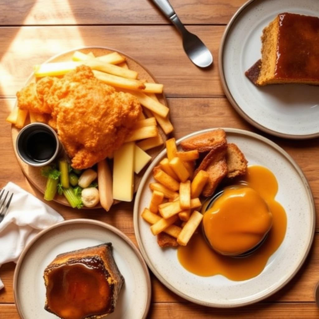 British pub food: fish and chips, ploughman's board, sticky toffee pudding